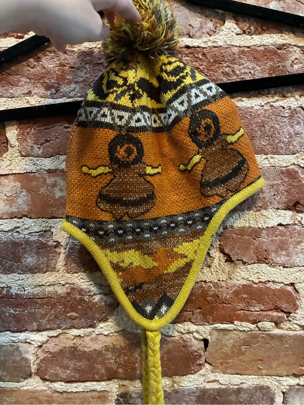 Betsey Johnson Orange & Yellow Earflap Pom-Pom Knit Hat